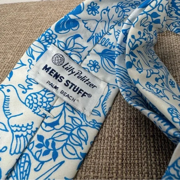 Lilly Pulitzer Blue and White Bird Floral Tie Vintage Palm Beach Men’s - Picture 2 of 5